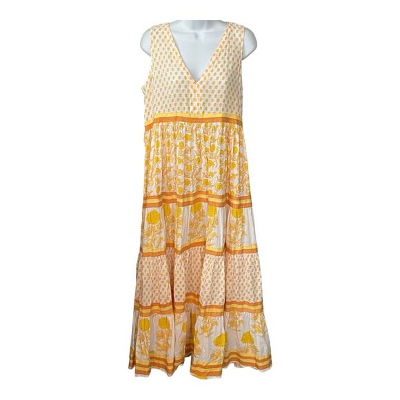 Chelsea & Theodore Maxi Dress Sz S 100% Cotton Tiered Yellow Floral Boho Beachy - Picture 2 of 9